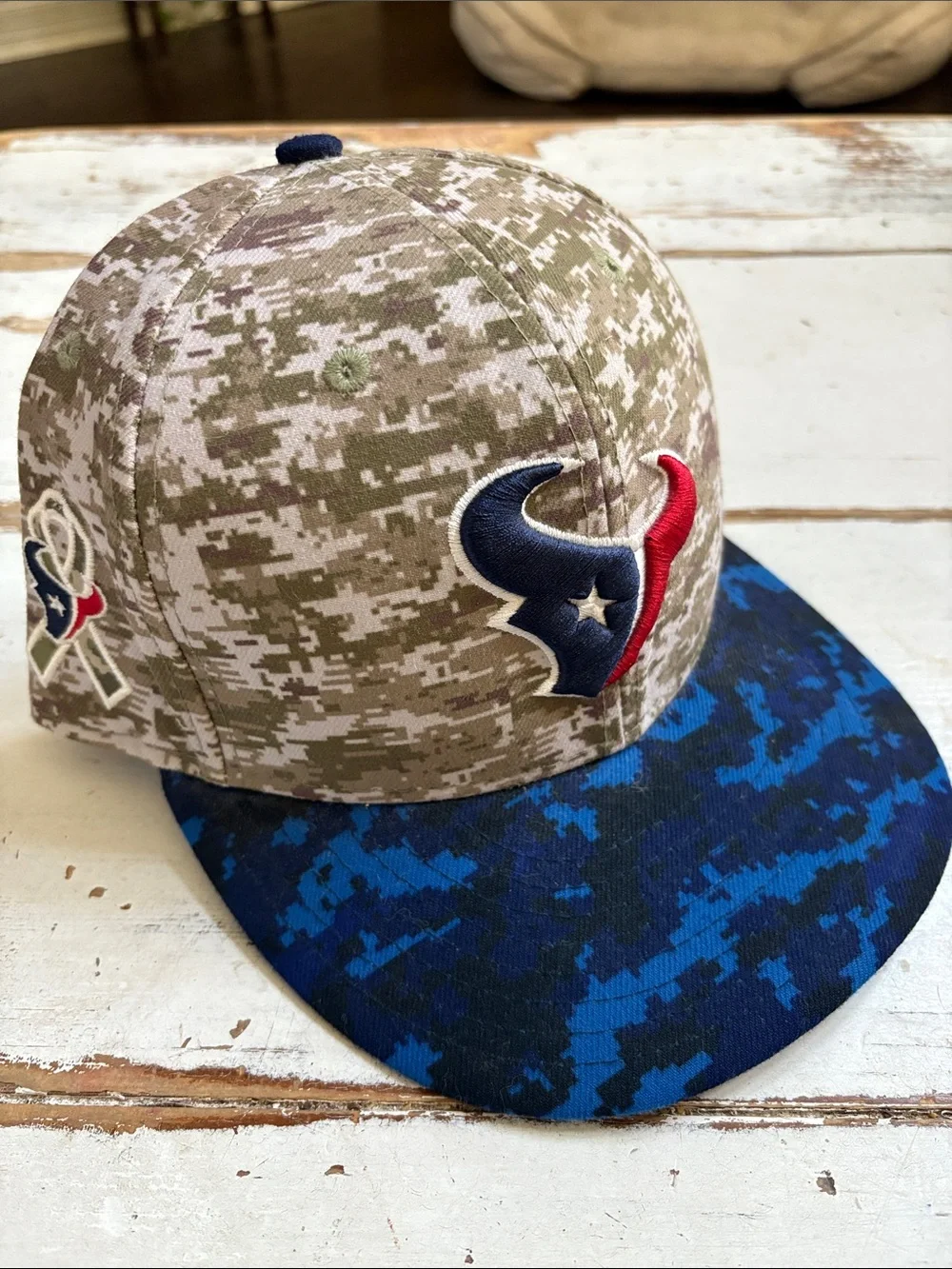 NFL Camo Houston Texans Cap with Blue Brim and Tan Crown size 7 1/4, 57.7cm
